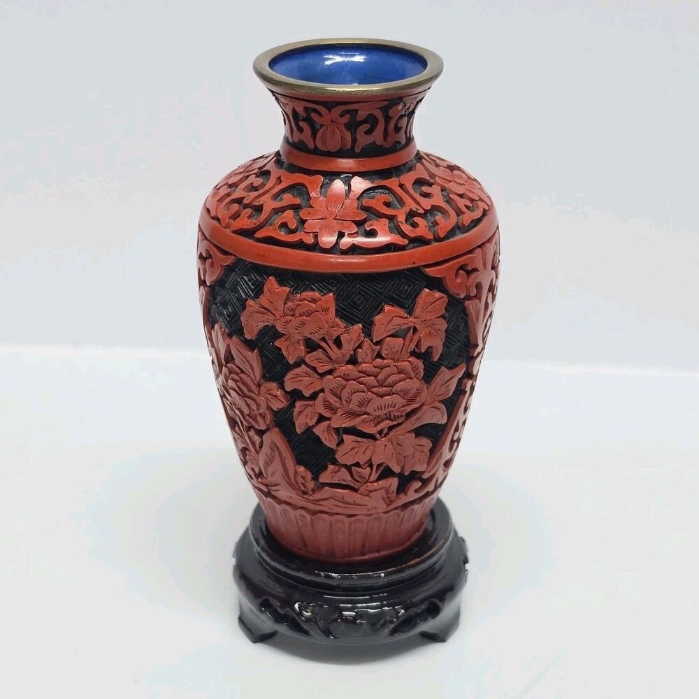 Vtg Chinese Red Cinnabar Fine Hand Carved Lacquer Brass Vase Enamel Floral 5”